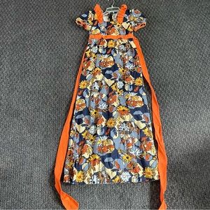 Vintage Floral Maxi Dress with Ruffles and Puffy Shoulders